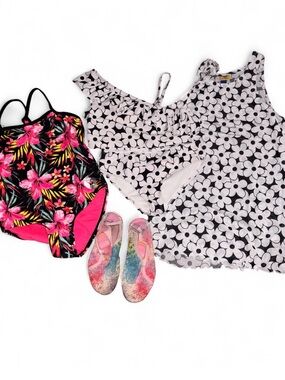 Girls Black Floral One-Piece Swimsuit with Hot Pink Accents